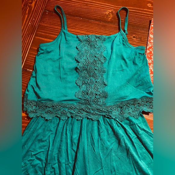 Lace accent flounce top teal romper - Picture 3 of 5